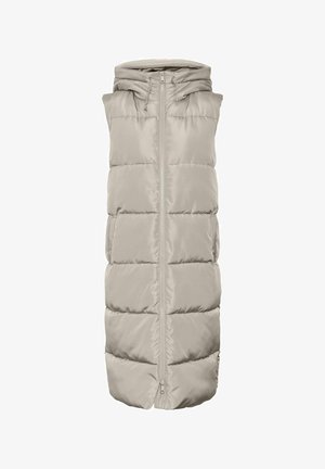 Gepolstertes, ärmelloses Weste in hellem Beige mit Reißverschlussfront, verstellbarem Kapuzen und großen gesteppten Bereichen zur Isolierung.