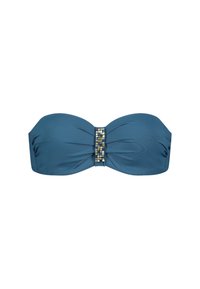 Modrý bandeau bikini top s plisovanou tkaninou a dekoračním klenotem uprostřed. Hladká textura a strukturovaný tvar pro lepší podporu.