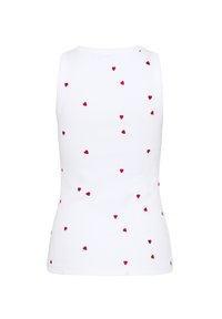 Top de tirantes blanco sin mangas con textura acanalada y pequeños motivos de corazones rojos dispersos por la tela. Corte clásico con escote redondeado.