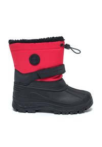 Sarkans izolēts ziemas zābaks ar melnu gumijas apakšdaļu, regulējams augšdaļa ar auklu un Velcro siksnu, ar apļu logotipu.