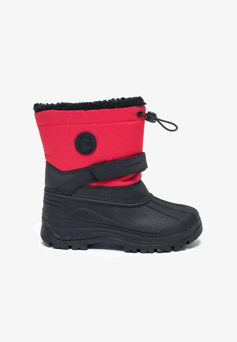 Sarkans izolēts ziemas zābaks ar melnu gumijas apakšdaļu, regulējams augšdaļa ar auklu un Velcro siksnu, ar apļu logotipu.