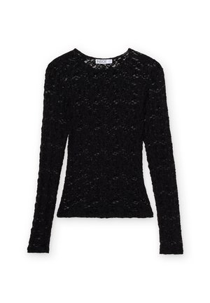 Top negro de manga larga hecho de encaje texturizado con cuello redondo y silueta ajustada. Presenta un sutil patrón floral en todo su diseño.