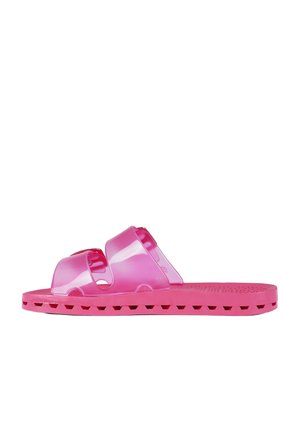 Sandalo slide rosa con punta aperta, due ampi cinturini e suola ventilata, progettato per un uso casual.