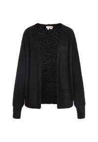 Cardigan negru, pufoasă, cu deschidere frontală, mâneci lungi și manșete cu dungi. Textura pare moale și ușor pufoasă, având un design cu croială lejeră.