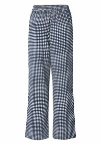 Gråblå och vita byxor i lättviktig tyg. Har en avslappnad passform och elastisk midja. Benen är raka och vida.