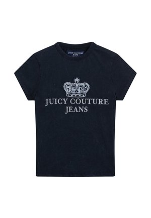 T-shirt noir à manches courtes avec un motif couronne blanc et le texte "JUICY COUTURE JEANS" centré sur le devant.