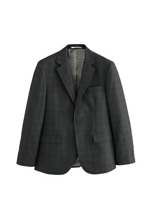 Dark gray plaid blazer with notch lapels, two front flap pockets, single chest pocket, and geometric patterned lining, displayed on white background.