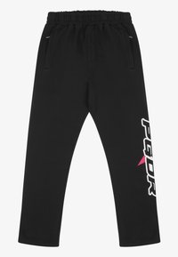 Svarta sweatpants med elastisk midja, två sidofickor och en vit och rosa grafisk logotyp längs med vänsterbenet. Mjuk tygstruktur.