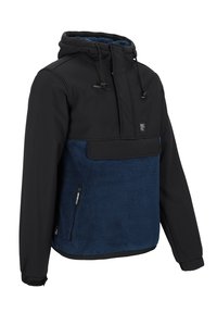 Black and navy pullover jacket with a fleece front, hood, zippered pocket, and adjustable drawstrings; smooth fabric with textured fleece.