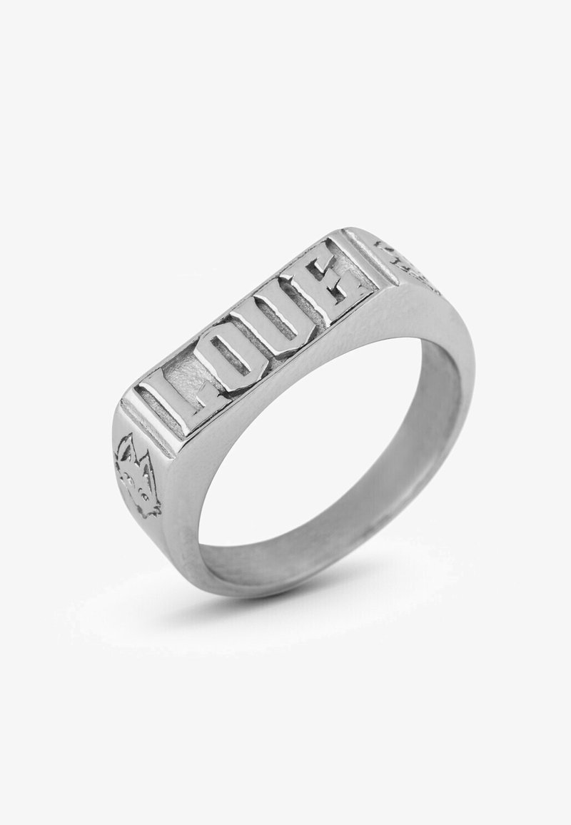 Silver ring with a flat rectangular top that features the word "LOVE" engraved in bold letters and a small cat design on the side.