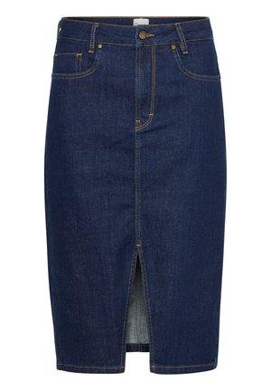 Dunkelblaue Jeans-Bleistiftröcke mit gelben Nähten, Frontschlitz und fünf Taschen. Verfügt über einen klassischen Knopf- und Reißverschluss.