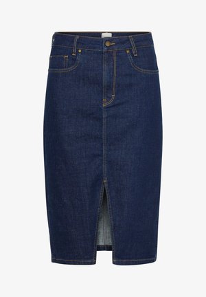 Falda lápiz de mezclilla en azul oscuro con costuras amarillas, abertura frontal y cinco bolsillos. Presenta un cierre clásico con botón y cremallera.