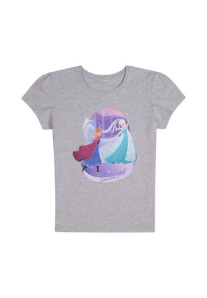Szary bawełnowy t-shirt z okrągłym dekoltem, z kolorowym nadrukiem dwóch animowanych postaci, z napisem "Siostry to magia" poniżej.