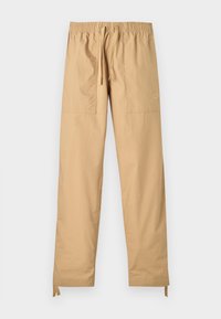 Béžové lehké kalhoty s elastickým pasem, stahovací šňůrkou a dvěma předními kapsami. Mají elegantní rovný střih a texturu látky.