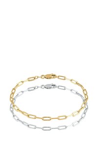 Två länkade kedjebracelettar i guld- och silvertoner. Varje armband har avlånga ovala länkar med en säker spänne. Designen är lager-på-lager.
