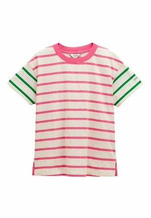 Maglietta a righe color crema, con righe rosa e verdi. Maniche corte con accenti verdi. Collo rotondo, spacchi laterali, in cotone.