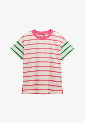 Beżowa koszulka w paski z różowymi i zielonymi paskami. Krótkie rękawy z zielonymi akcentami. Okrągły dekolt, boczne rozporki, materiał bawełniany.