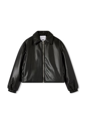 Giacca cropped in ecopelle nera con zip frontale completa, colletto a punta e polsini elasticizzati sulle maniche lunghe, taglia piccola.