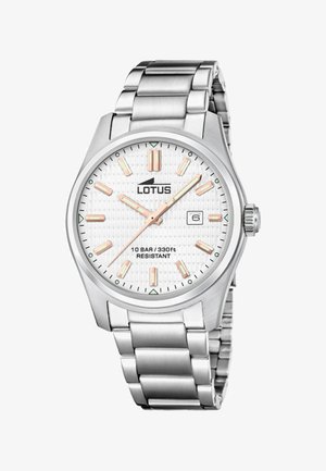 Edelstahl-Armbanduhr mit strukturiertem weißem Zifferblatt, roségoldenen Akzenten und Datumsanzeige. Wasserdicht bis 10 BAR/100 Meter.