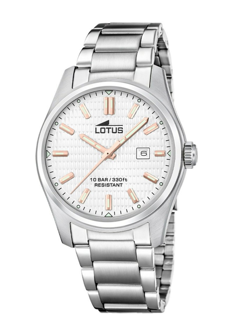 Orologio da polso in acciaio inox con quadrante bianco testurizzato, dettagli in oro rosa e display della data. Resistende all'acqua fino a 10 BAR/100 metri.