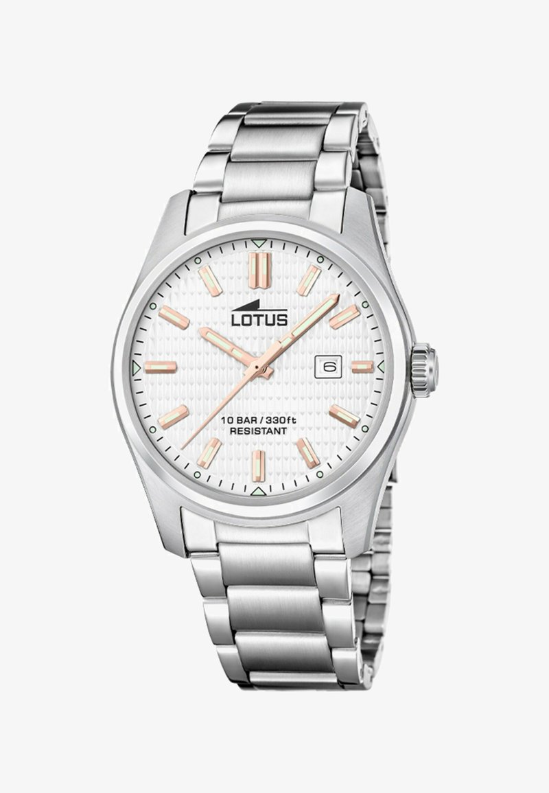 Orologio da polso in acciaio inox con quadrante bianco testurizzato, dettagli in oro rosa e display della data. Resistende all'acqua fino a 10 BAR/100 metri.