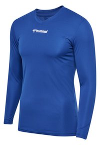 Langärmliges blaues Sporthemd aus leichtem Material, mit einem V-Ausschnitt und einem kleinen weißen Logo auf der Brust.