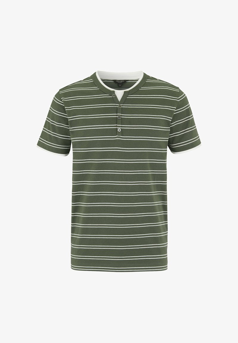 Grøn henley t-shirt med korte ærmer, hvide vandrette striber og tre knapper på fronten.