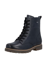 Marineblaue Leder-Stiefelette mit runder Zehenform, Schnürung vorne und robustem Gummisohle. Mit einer gesteppte Naht und einem Logodetail an der Seite.
