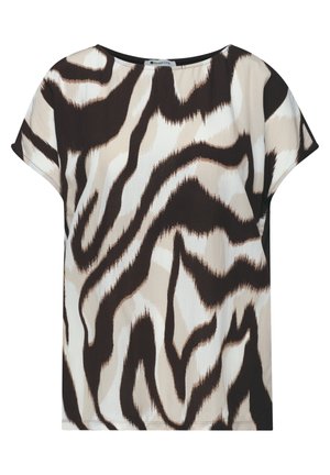 Blusa de manga corta con estampado abstracto de cebra en negro, beige y blanco, con escote redondo y corte holgado.