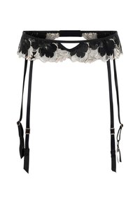Schwarzer Spitzenstrumpfhalter mit floralen Mustern, gewelltem Saum, verstellbaren Satinschnüren und Beschlägen in Goldoptik.