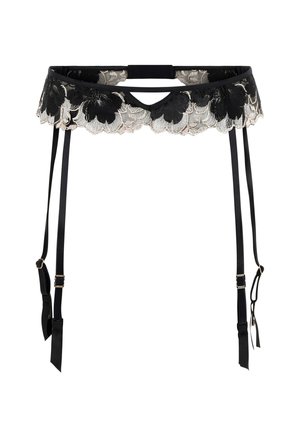 Schwarzer Spitzenstrumpfhalter mit floralen Mustern, gewelltem Saum, verstellbaren Satinschnüren und Beschlägen in Goldoptik.