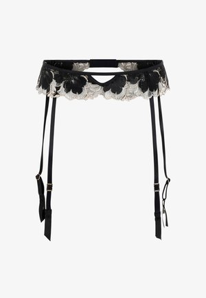 Sort blonderet garterbælte med blomster mønstre, bølget kant, justerbare satin stropper og hardware akcenter i guldtoner.