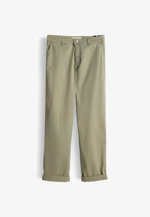 Light olive green straight-leg pants with front pockets, button, zip closure, belt loops, and rolled-up cuffs on a white background.