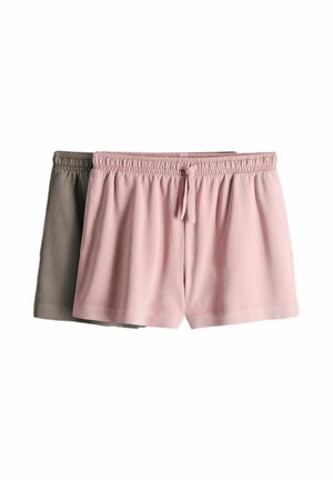 To par elastiske shorts med talje, den ene lyserød med snøre foran og den anden grå, lagdelt mod en hvid baggrund.