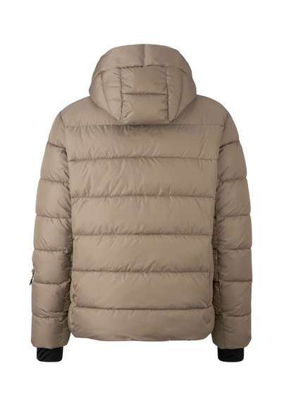 Beige puffer jacket with a hood, featuring horizontal quilted sections, side zip pockets, and elastic cuffs. Smooth, padded texture.