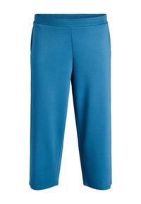 Blaue athletische Caprihose mit elastischem Bund. Hergestellt aus einem glatten, flexiblen Stoff, mit klaren Linien und ohne zusätzliche Verzierungen.