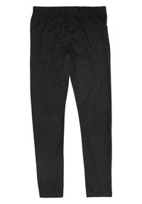 Leggings neri, elasticizzati, con una vita elasticizzata, realizzati in un tessuto morbido. Presentano una vestibilità aderente e una texture liscia. Nessun motivo o dettaglio visibile.