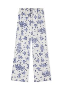 Pantaloni bianchi larghi con vita con cordoncino, caratterizzati da un motivo floreale blu su tutto il tessuto, realizzati in un tessuto morbido.