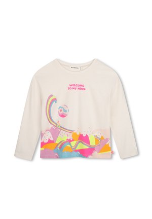 Crèmekleurig shirt met lange mouwen met kleurrijk ontwerp van een regenboog, wolken en bergen, en roze tekst "WELCOME TO MY MIND" op de borst.