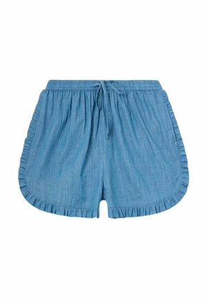 Pantalones cortos de tela azul claro con cintura elástica, cordón ajustable y volante a lo largo de los laterales y el dobladillo.