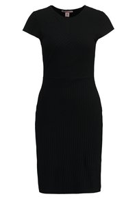 Black ribbed dress featuring short sleeves and a fitted silhouette. The texture is smooth with vertical ribbing throughout.