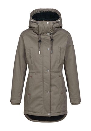 Veste vert olive avec capuche, fermeture éclair à l'avant et boutons, deux poches latérales et cordons de serrage au cou. Doublure intérieure douce noire.