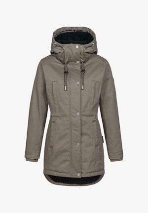 Olivgrüner Jacke mit Kapuze, Vorderreißverschluss und Knopfverschluss, zwei seitlichen Taschen und Kordeln am Hals. Weiche schwarze Innenausstattung.