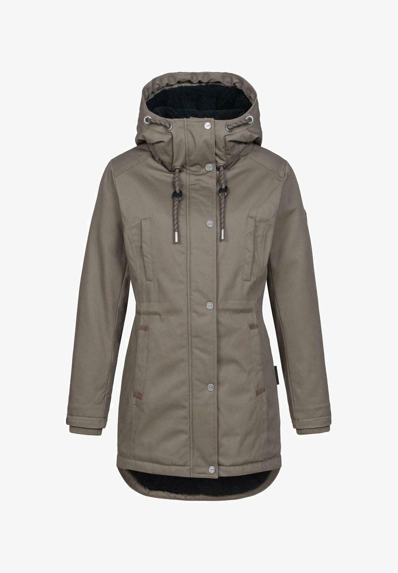 Veste vert olive avec capuche, fermeture éclair à l'avant et boutons, deux poches latérales et cordons de serrage au cou. Doublure intérieure douce noire.