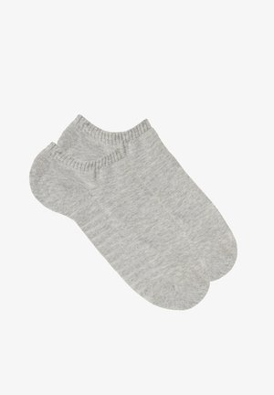 Calzini alla caviglia grigi in un morbido tessuto a maglia con polsini a costine. Presentano una finitura liscia e un design con punta arrotondata.