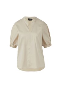 Beige Bluse mit kurzen Ärmeln, V-Ausschnitt und gerafften Ärmeln. Hergestellt aus weichem Stoff mit glatter Textur, bietet einen lässigen Schnitt und einen abgerundeten Saum.