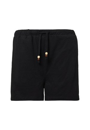 Shorts en coton noir avec une taille élastique et un cordon de serrage agrémenté de perles en bois. Design minimaliste, longueur mi-cuisse.