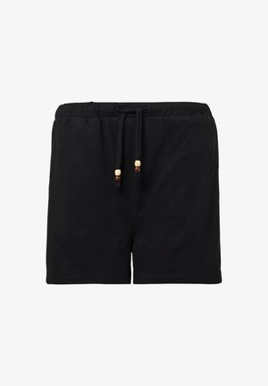 Shorts en coton noir avec une taille élastique et un cordon de serrage agrémenté de perles en bois. Design minimaliste, longueur mi-cuisse.