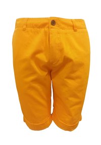 Shorts de algodón amarillos con un cierre de un solo botón, con dobladillos enrollados y una textura suave. Presentan un diseño clásico con pasadores para cinturón.