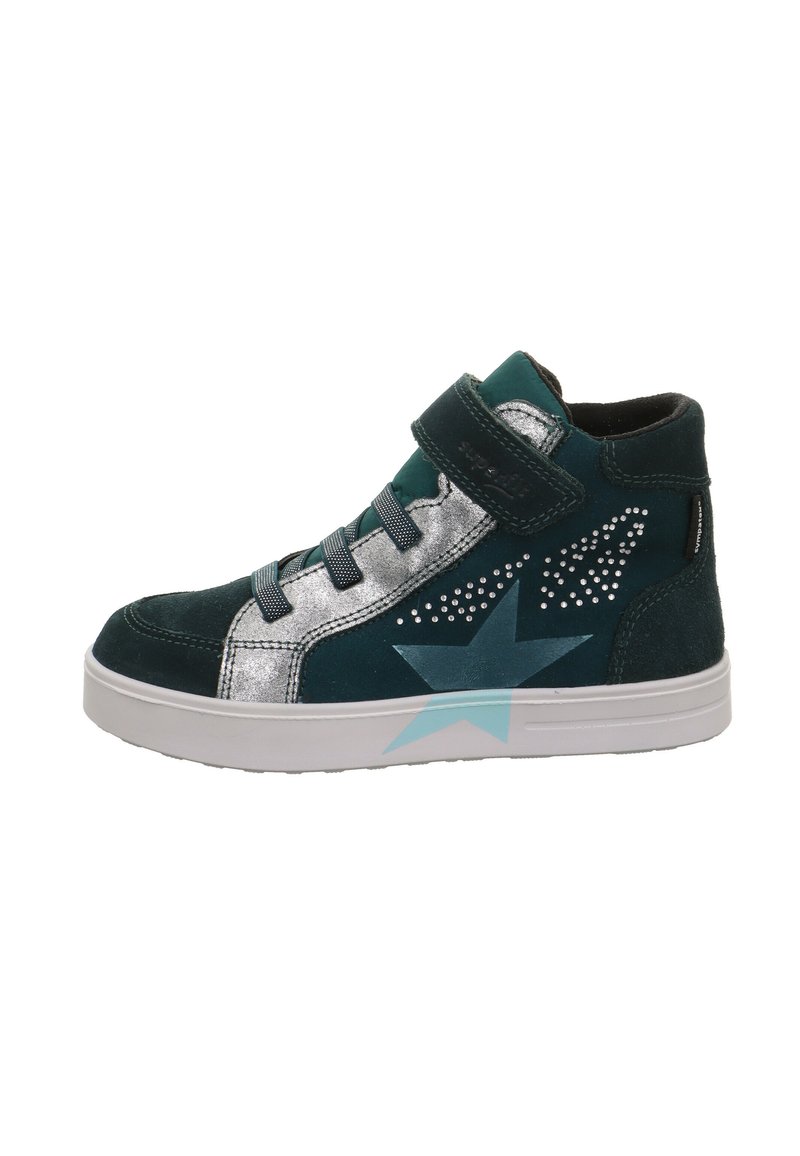 Hoge sneakers in donker teal en zilver, met een blauwe steraccent, geperforeerde details, en een klittenbandsluiting met veters.